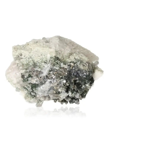 Quartz gemstone with shimmering silver luminescence, known for energy amplification and environmental harmony.
