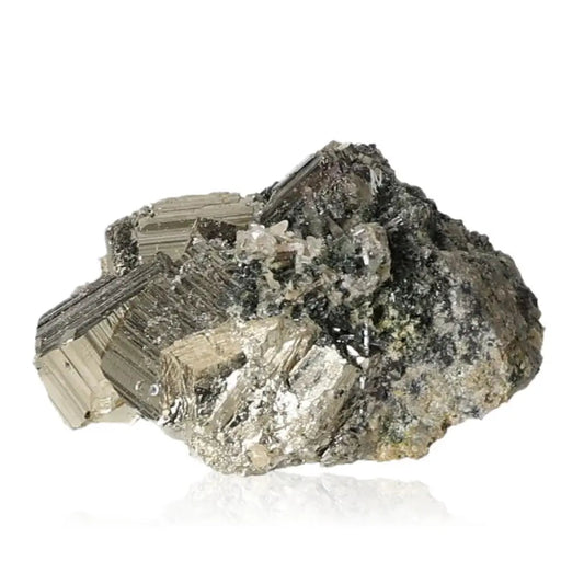 Polished natural pyrite stone, known as Fool's Gold, showcasing its shiny metallic luster and golden hue on a clean background