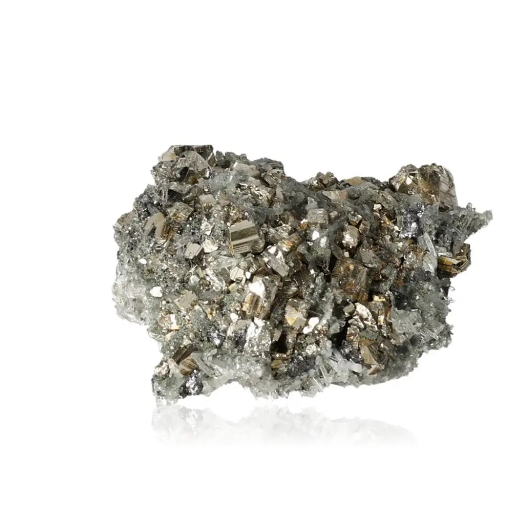 Sparkling pyrite on quartz cluster showcasing radiant golden hue and metallic luster, perfect for attracting wealth and prosperity.