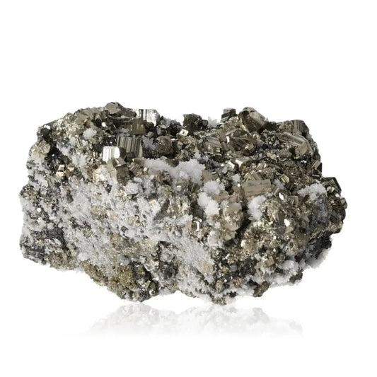 Pyrite with Quartz and Sphalerite mineral specimen from Sylvia Crystals, showcasing natural textures and golden hues.