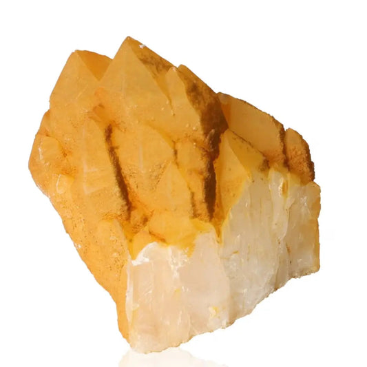 Quartz crystal with iron oxide from Sylvia Crystals, showcasing natural clarity and earthy hues for luxury and authenticity.