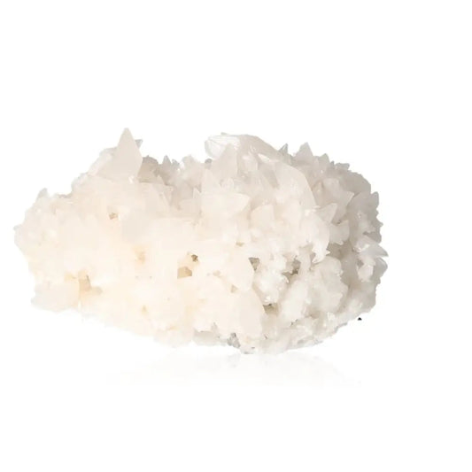 Quartz gemstone showcasing its clear elegance and energy-enhancing properties on a white background