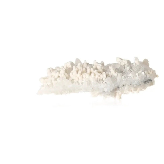 White grape agate crystal with intricate clusters on a white background.