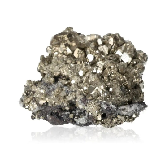 Shimmering cluster of Pyrite with Quartz, Sphalerite, and Calcite showcasing its golden hue and metallic luster.