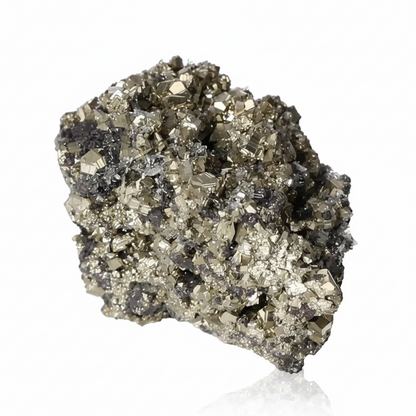 Close-up of a raw pyrite mineral, known as 'Fool's Gold,' showcasing its metallic luster and golden coloration.