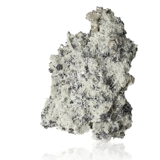 Rough quartz crystal formation with intricate textures on a white background, showcasing its natural beauty and sparkling appearance.