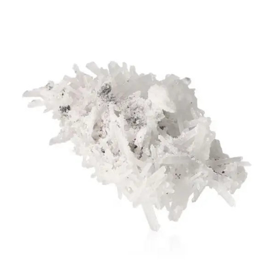 Quartz crystal on white background showcasing pure clarity and sparkling brilliance for energy amplification and mental focus.