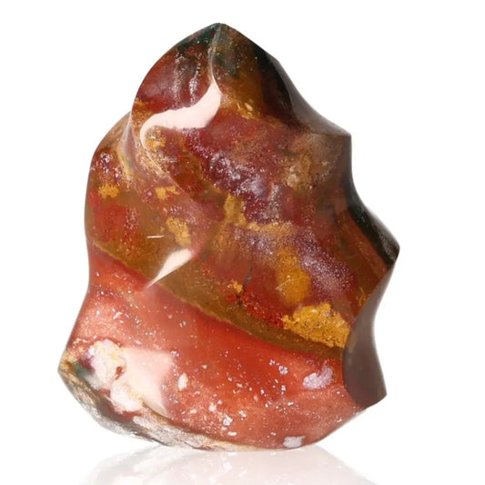 Petrified Wood Flame in amber hues, known for mood enhancement, pain relief, and immune support benefits, with calming properties.