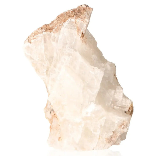 Raw selenite crystal on white background, displaying natural texture and formation.