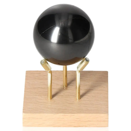 Shungite Sphere 4 cm on wooden stand, premium protection crystal by Sylvia Crystals
