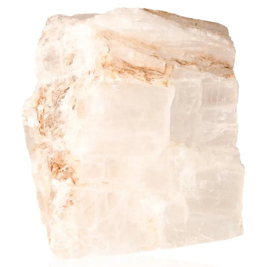Close-up of a natural selenite crystal lamp, showcasing its translucent, serene white structure ideal for calming home decor.