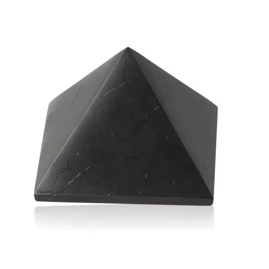 Shungite Pyramid 7 cm for electromagnetic protection by Sylvia Crystals, showcasing sleek design and calming energy attributes.