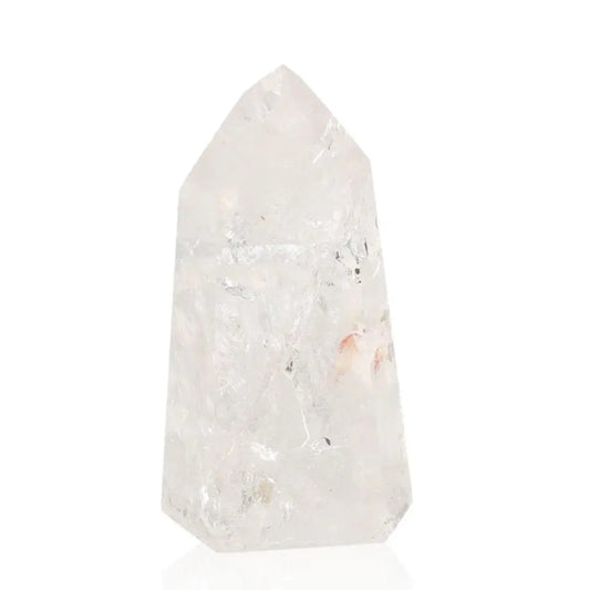Lemurian Quartz Obelisk showing clear crystal structure, embodying spirituality and luxury from Sylvia Crystals collection.