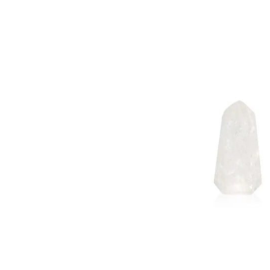 Lemurian Quartz Point crystal on white background, available at Sylvia Crystals. Enhances spiritual connection and amplifies energies.
