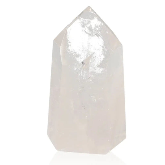 Lemurian Quartz Obelisk, a clear crystal quartz point known for its energy amplification and elegant transparency.