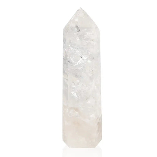 Lemurian Quartz Obelisk crystal showcasing its luminescent clarity and spiritual energy, ideal for enhancing well-being and tranquility.