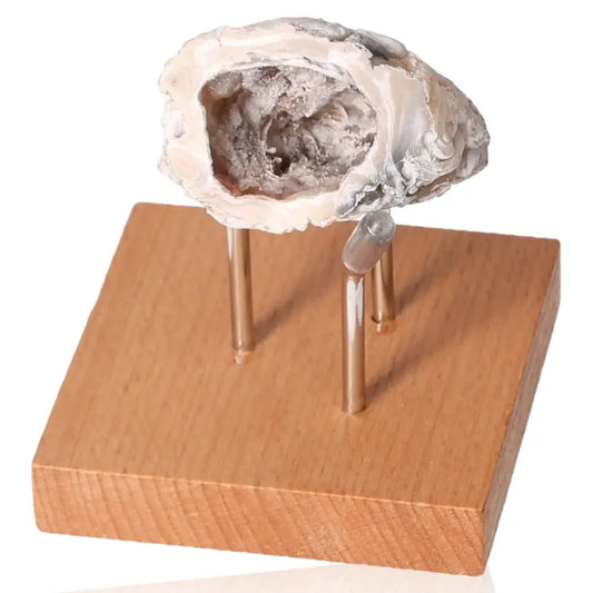 Mini Agate Geode on wooden stand showcasing intricate natural patterns and elegant formation, ideal for decor and metaphysical energy.