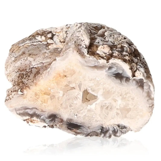 Close-up of a Mini Agate Geode showcasing intricate banding and natural hues, ideal for harmony and decorative beauty.