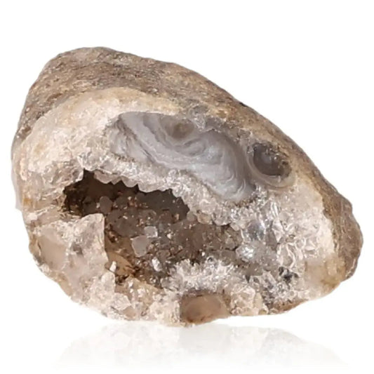 Stunning mini agate geode showcasing natural crystal formations, ideal for energy harmonization and grounding in home spaces.