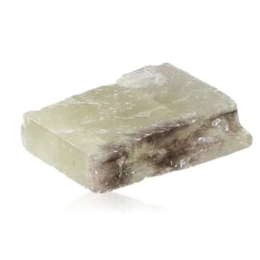 Green Calcite crystal slab, the Stone of Renewal, known for emotional healing and enhancing heart energy in rich green hues.