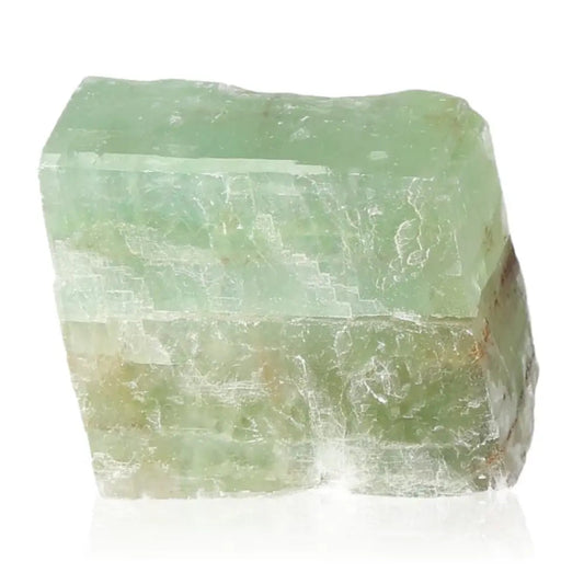 Green Calcite crystal, stone of renewal and emotional healing, vibrant green hues, heart chakra energy for personal growth and peace.