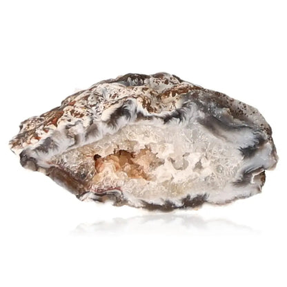 Mini Agate Geode showcasing natural layers and crystal formations, enhancing spiritual harmony and aesthetic appeal.