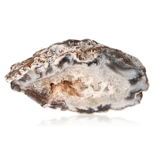 Mini Agate Geode showcasing natural layers and crystal formations, enhancing spiritual harmony and aesthetic appeal.