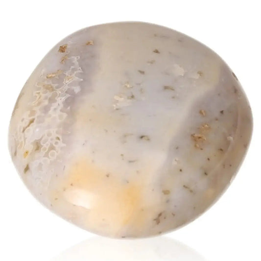 Polished banded agate tumbled stone showcasing intricate natural bands and soothing colors, enhancing spiritual balance and tranquility.