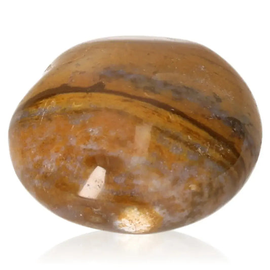 Tumbled Jasper stone with golden and blue hues, enhancing courage and spiritual insight through Solar Plexus Chakra activation.