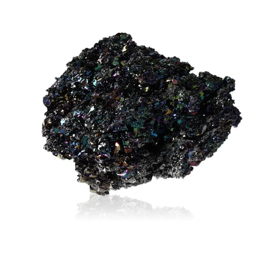 Carborundite (Silicon Carbide) crystal exhibiting a shimmering rainbow-like surface, known for energy amplification and transformation.