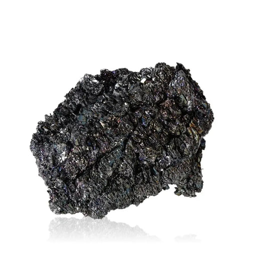 Dazzling Carborundite crystal, known for energy amplification and rainbow sheen, showcasing its unique crystalline structure.