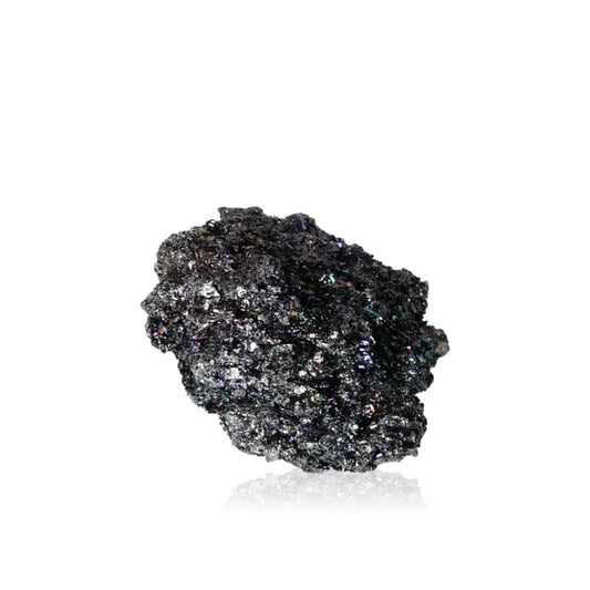 Carborundite crystal with iridescent shades of blue, purple, and silver, showcasing a textured and durable metallic sheen.