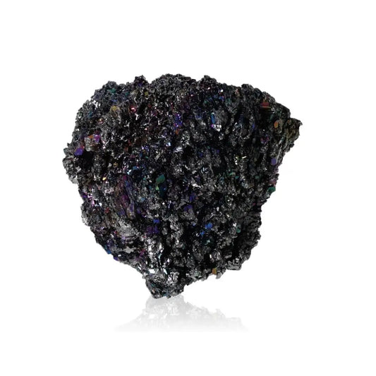 Carborundite crystal with iridescent blue, purple, and green hues, showcasing a metallic sheen. Known for clarity and protection.