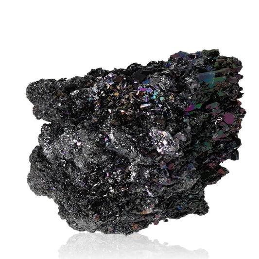 Sparkling Carborundite crystal with iridescent hues of blue, purple, and green, showcasing metallic sheen and textured surface