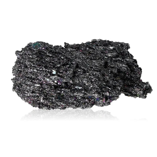 Carborundite crystal with iridescent blue, purple, green, and silver hues, showcasing its metallic sheen and textured crystalline structure.