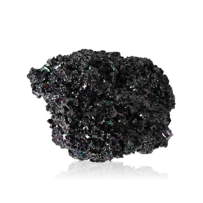 Carborundite gemstone with iridescent sparkle in shades of blue, purple, green, and silver, known for durability and protective qualities.