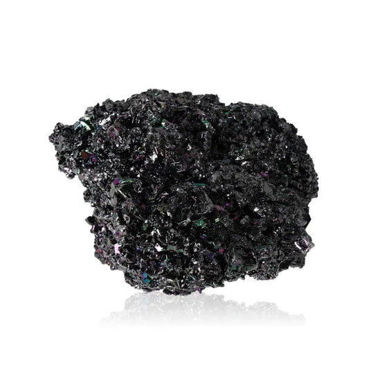 Carborundite gemstone with iridescent sparkle in shades of blue, purple, green, and silver, known for durability and protective qualities.