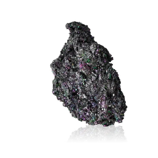 Silicon Carbide Carborundite with iridescent blue, purple, green hues, known for durability and spiritual protection.
