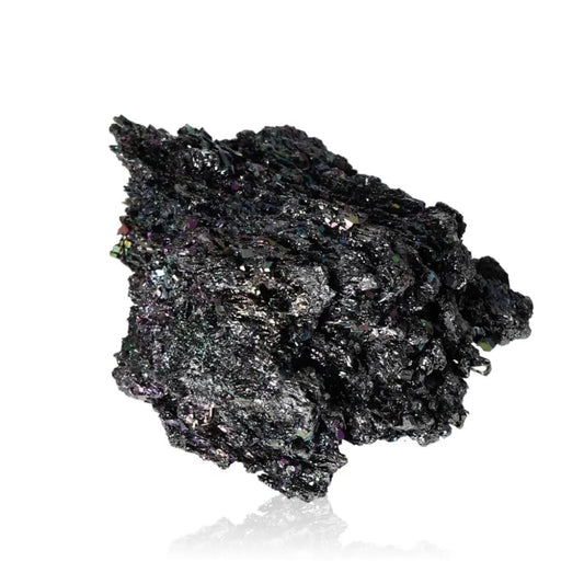 Carborundite crystal displaying iridescent shades of blue, purple, green, and silver, known for its metallic sheen and spiritual properties.