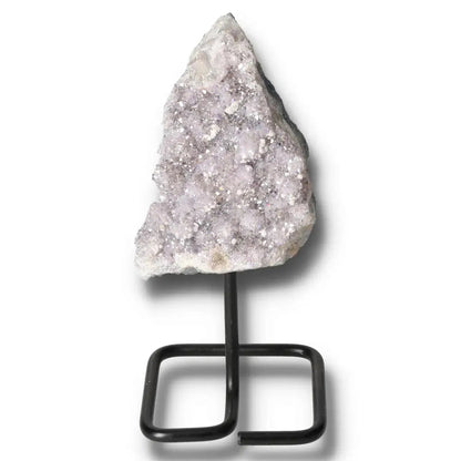 Angel Aura Amethyst on metal stand with iridescent glow for home décor or meditation, featuring celestial energy and tranquility.