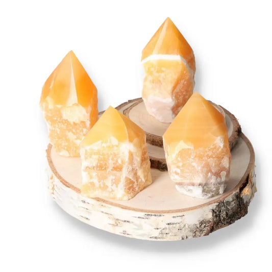 Top polished orange calcite crystals enhancing self-confidence and motivation, ideal for learning and concentration enhancement.
