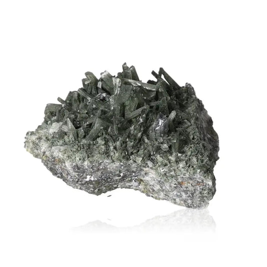 Dark green quartz crystal with unique formations, showcasing its natural beauty and mystical healing properties.