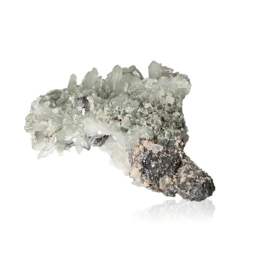 Quartz crystal with chlorite and sphalerite, offering earthly elegance and esoteric energy, from Sylvia Crystals.