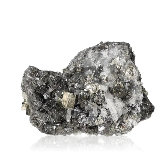 Stunning pyrite with sphalerite and quartz gemstone from Sylvia Crystals, showcasing luxury and spiritual energy in a decorative piece.