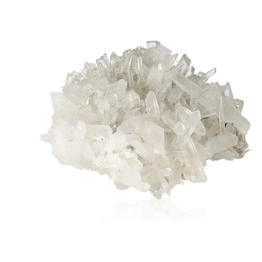 Clear quartz cluster with sharp, crystalline formations, ideal for chakra alignment and enhancing spiritual well-being.