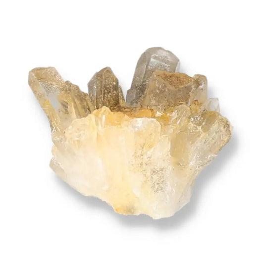 Clear quartz cluster with varying facets, symbolizing universal energy and beauty. Ideal gemstone for healing and meditation.