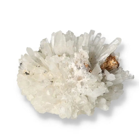 Natural white quartz crystal cluster with unique formations and earthy inclusions, showcasing its variety and metaphysical properties.