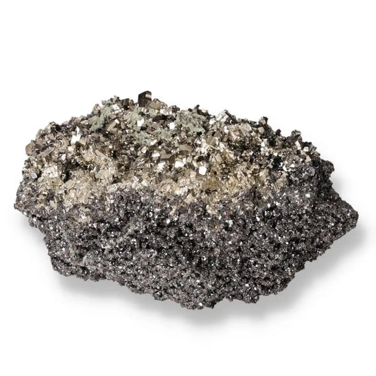 Pyrite with Galena mineral specimen featuring radiant golden hue and metallic luster, known for abundance and prosperity symbolism.