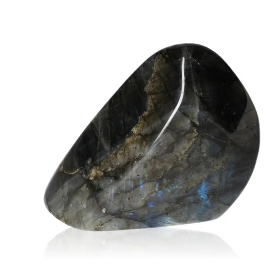 Labradorite polished cut base by Sylvia Crystals showcasing its natural colors and sleek design.