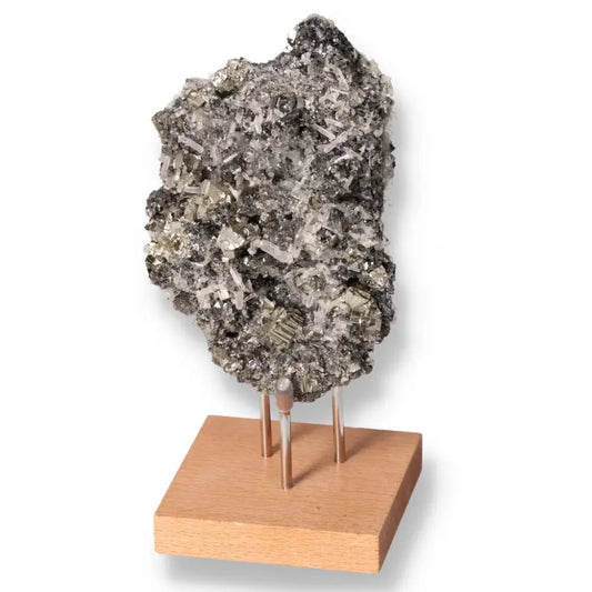 Galena with Quartz and Pyrite on a wooden display, showcasing metallic luster and inspiring transformation, self-reliance, and courage.